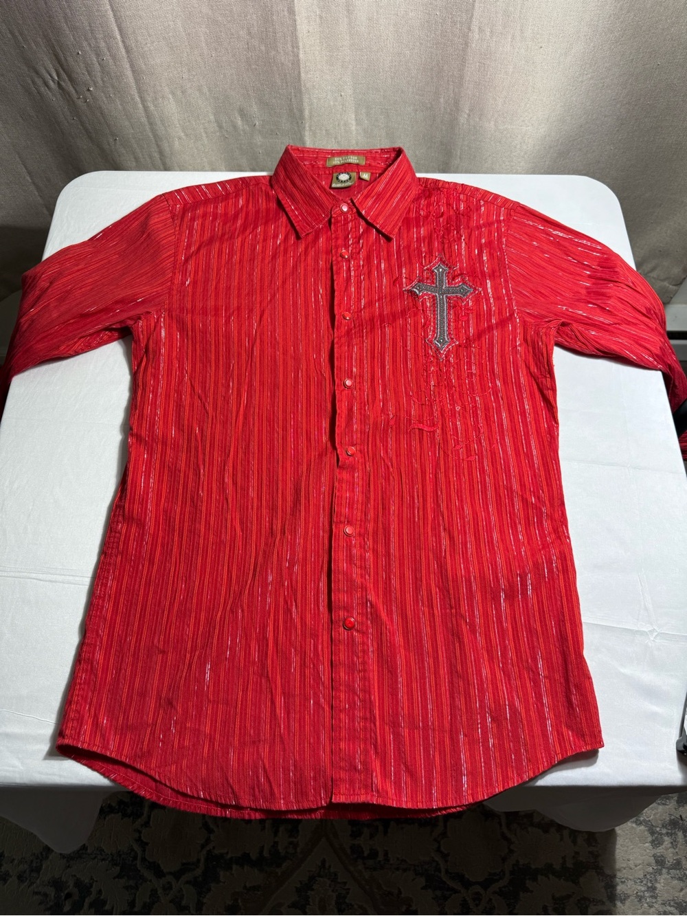 Lamasini Embroidered Cross Button Down Red Plaid Cowboy Medium 3/4 Sleeve